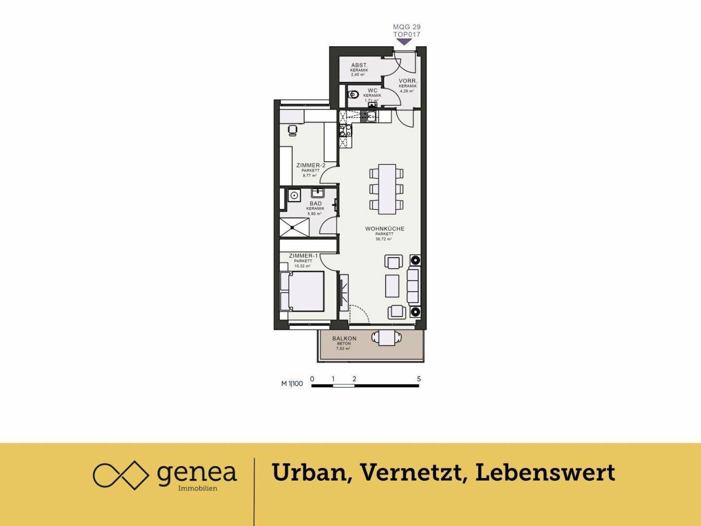 Grundriss einer Wohnung mit zwei Zimmern, Wohnküche und Balkon.