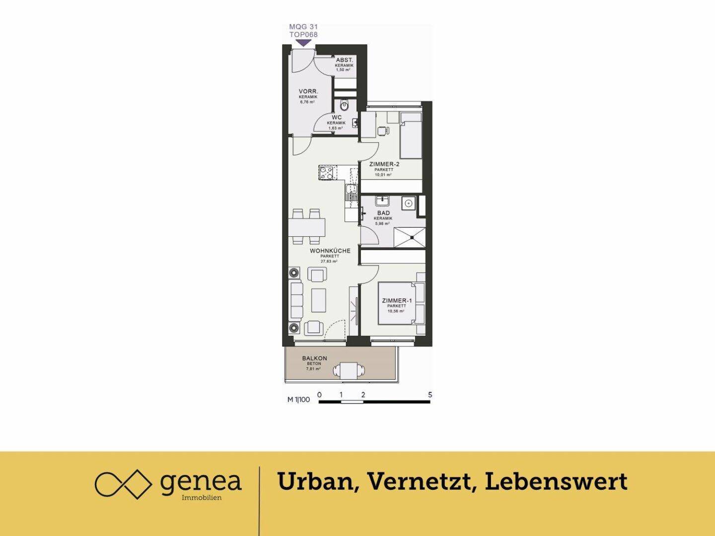 Grundriss einer Wohnung mit Wohnküche, zwei Zimmern, Bad und Balkon.
