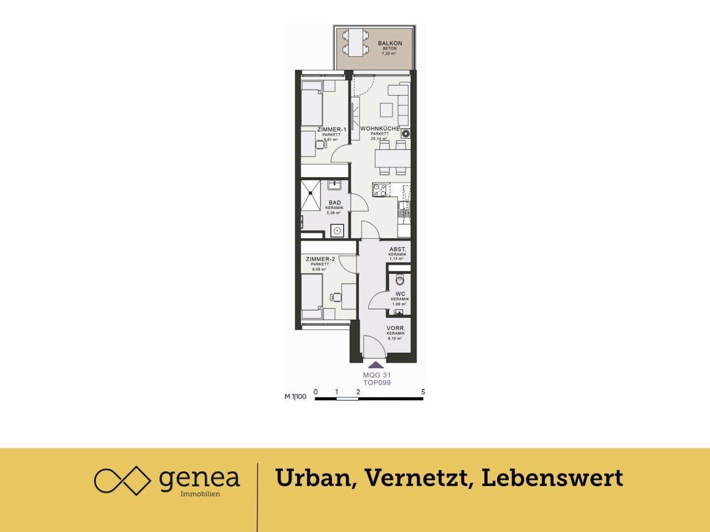 Grundriss einer Wohnung mit zwei Zimmern, offener Wohnküche und Balkon.