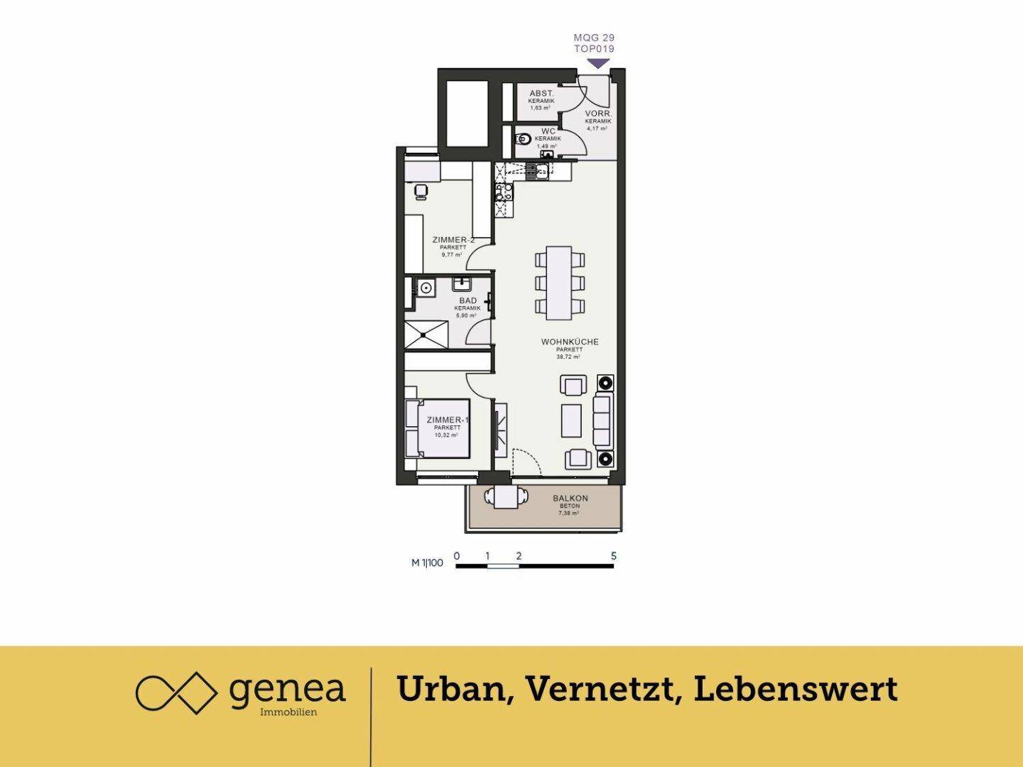 Grundriss einer modernen Wohnung mit offener Wohnküche, zwei Zimmern und Balkon.
