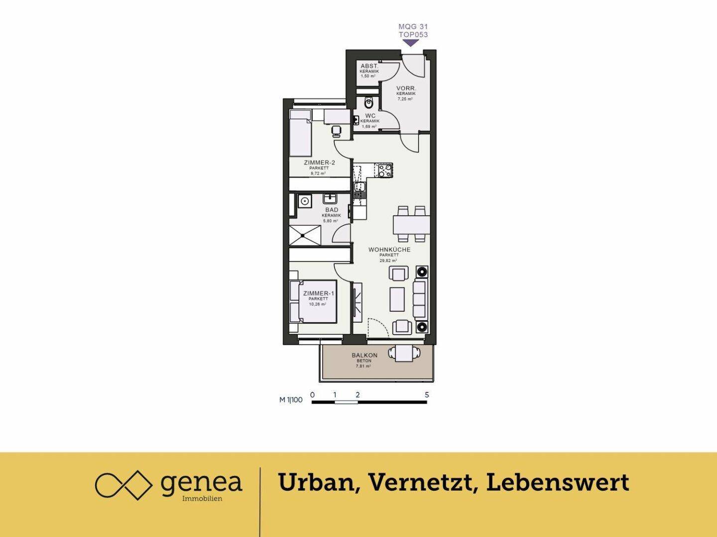 Grundriss einer modernen Wohnung mit zwei Zimmern, offener Wohnküche und Balkon.