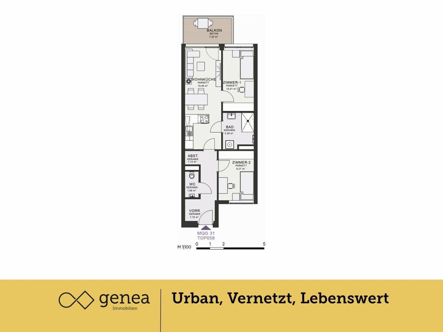 Grundriss einer Wohnung mit Wohnküche, zwei Zimmern, Bad und Balkon.