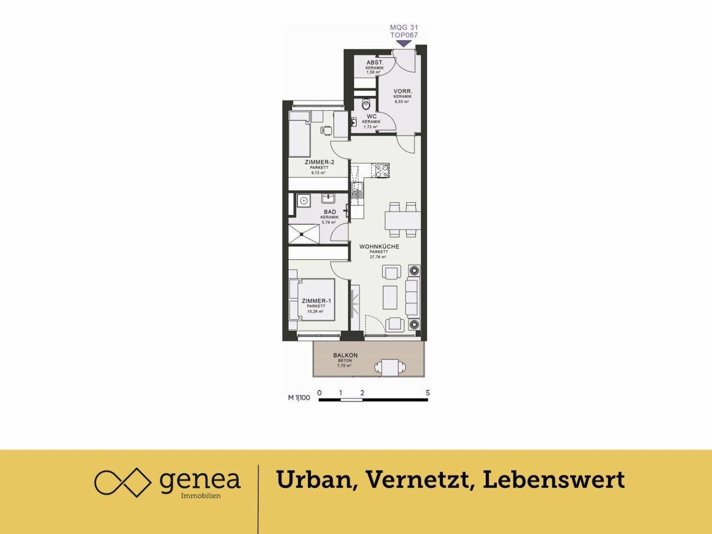 Grundriss einer Wohnung mit offener Wohnküche, zwei Zimmern, Bad, WC und Balkon.