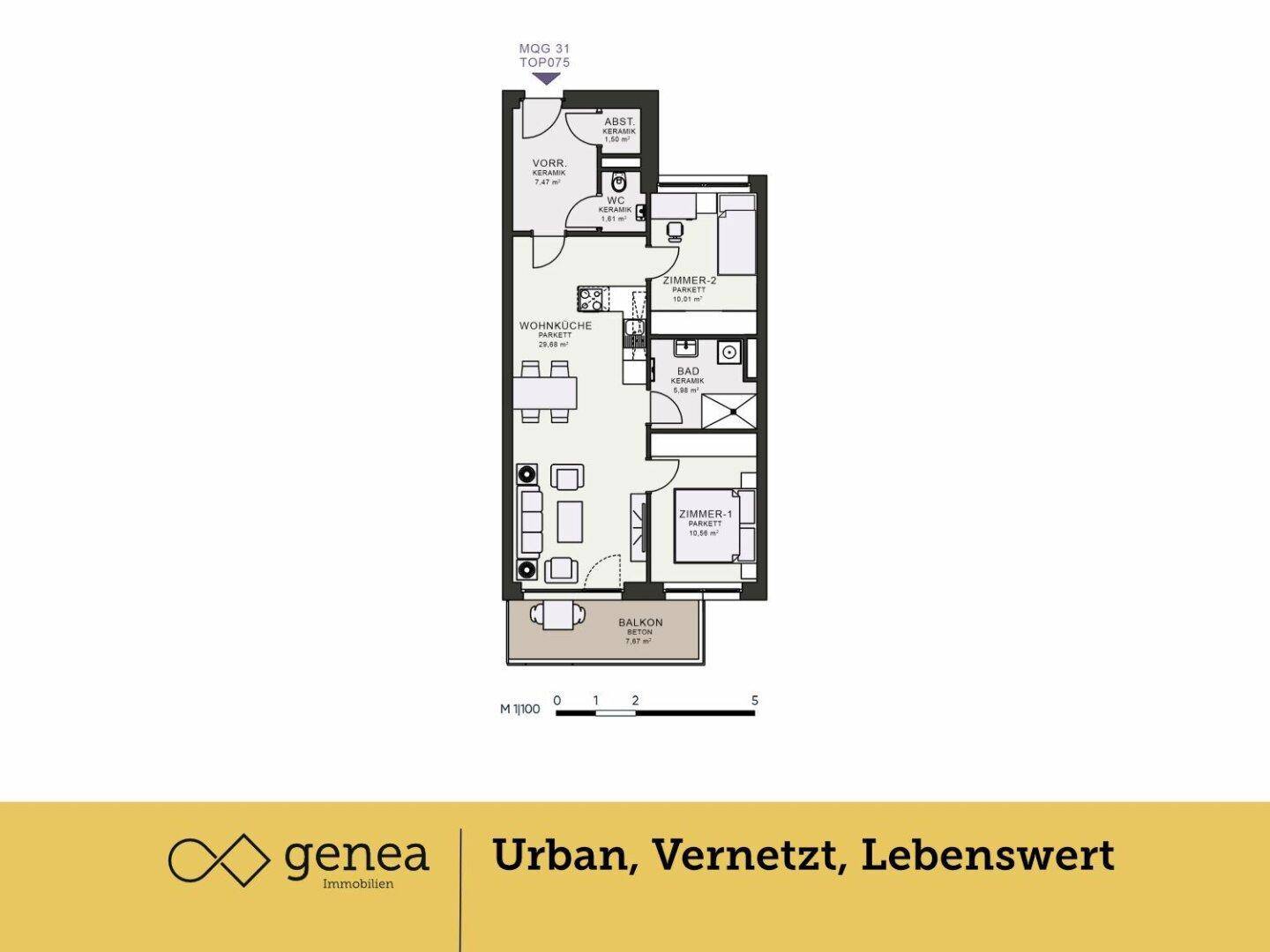 Grundriss einer Wohnung mit offenem Wohn-Essbereich, zwei Schlafzimmern und Balkon.