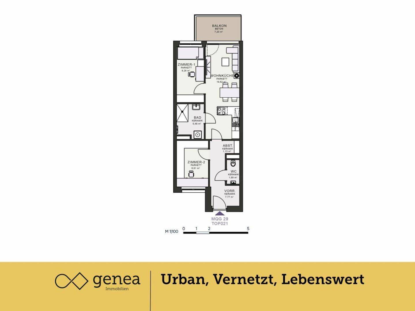 Grundriss einer Wohnung mit zwei Zimmern, Wohnküche, Bad, WC und Balkon.