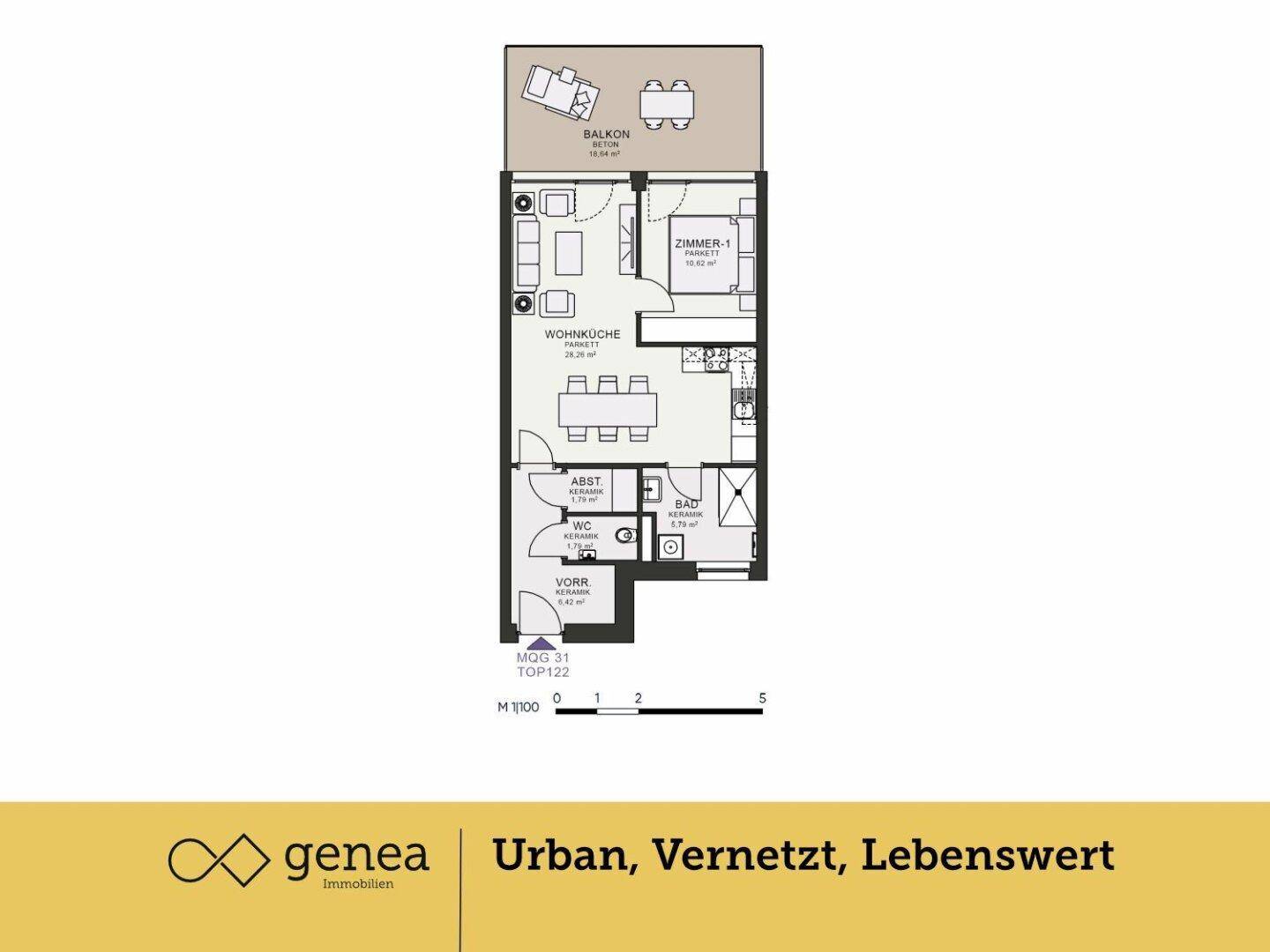 Grundriss einer Wohnung mit offener Wohnküche, Schlafzimmer, Bad, separatem WC und Balkon.