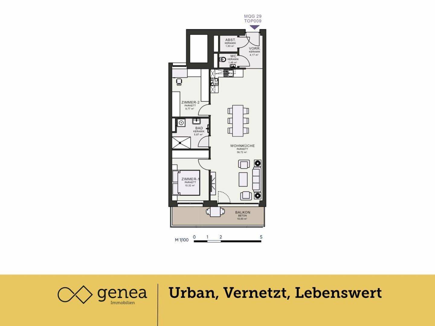 Grundriss einer Wohnung mit zwei Schlafzimmern, Bad, WC und offenem Wohnküchenbereich mit Balkon.