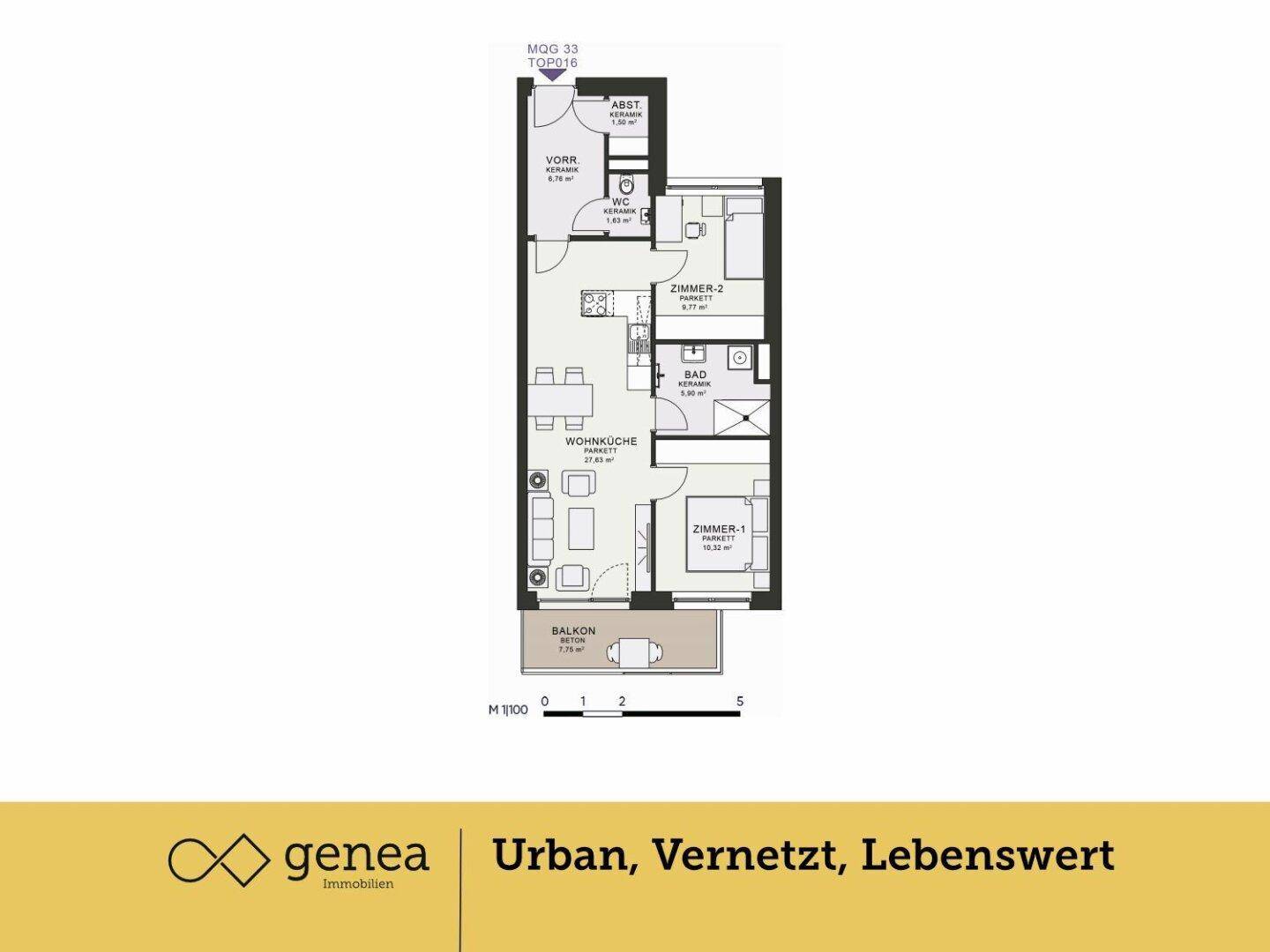 Grundriss einer Wohnung mit offener Wohnküche, zwei Zimmern, Bad, WC und Balkon.