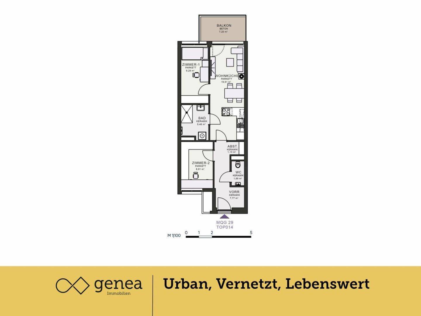 Grundriss einer Wohnung mit zwei Zimmern, Wohnküche, Bad, WC und Balkon.