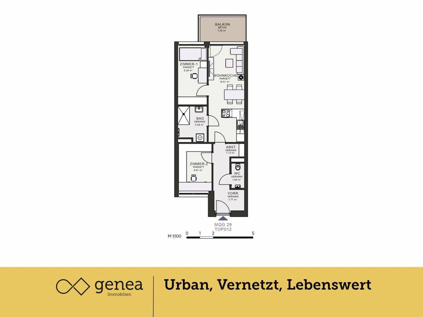 Grundriss einer Wohnung mit zwei Zimmern, Wohnküche, Bad, separatem WC und Balkon.