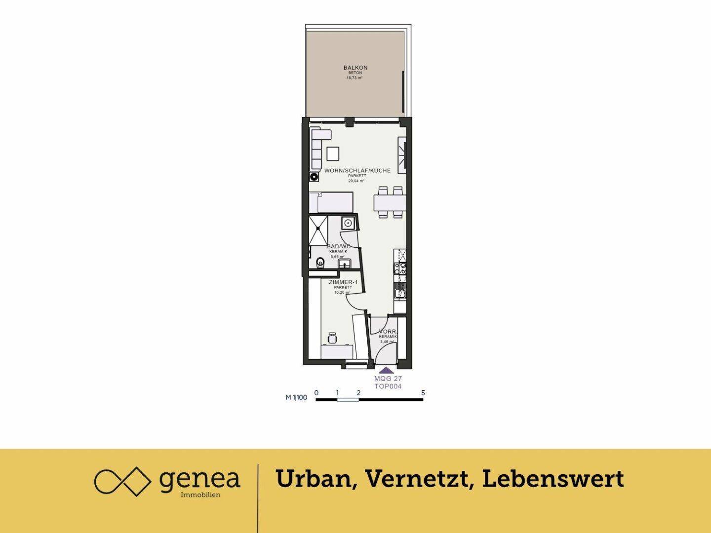 Grundriss einer Wohnung mit Wohnschlafküche, Bad und Balkon.