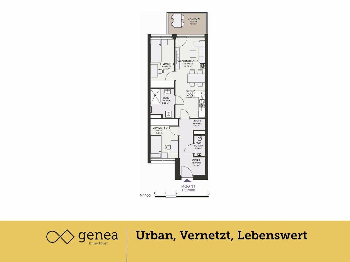 Grundriss einer Wohnung mit zwei Zimmern, Wohnküche und Balkon.