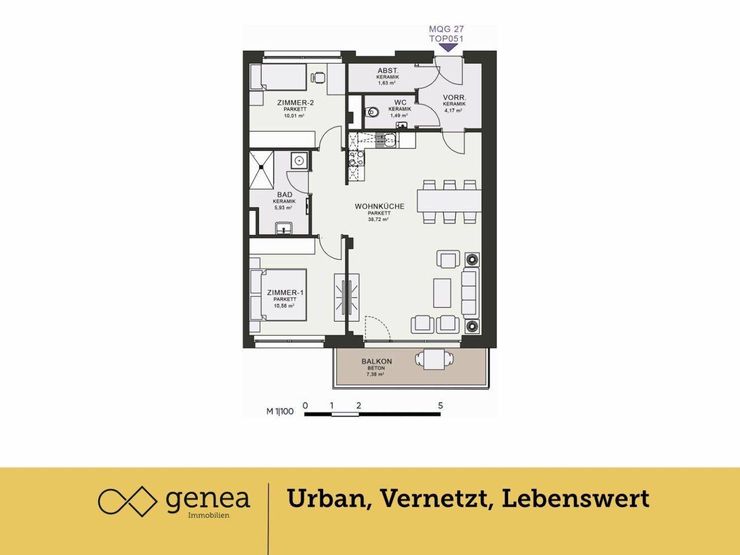 Grundriss einer Wohnung mit zwei Schlafzimmern, offener Wohnküche und einem Balkon.