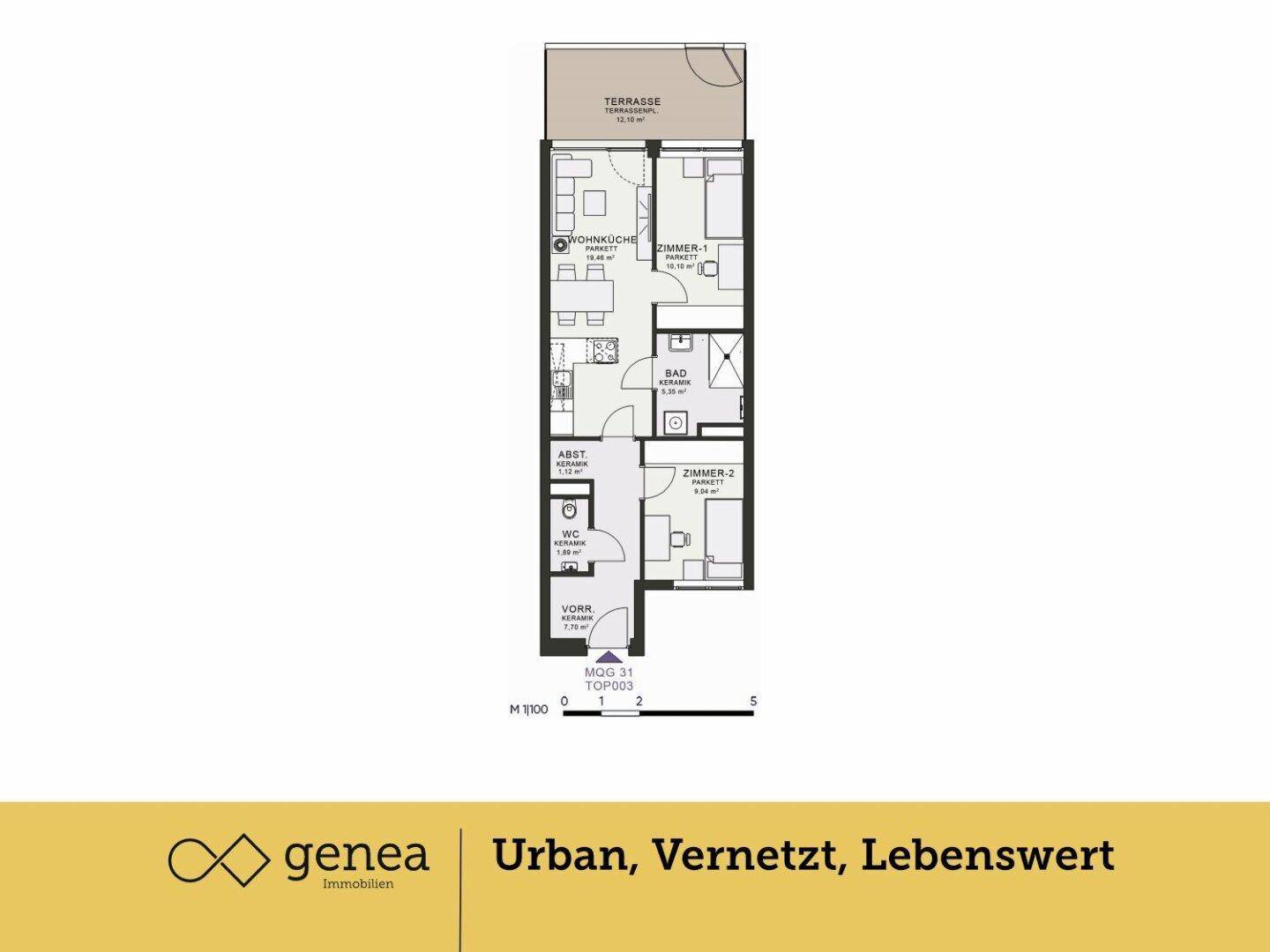 Grundriss einer Wohnung mit Wohnküche, zwei Zimmern, Bad und Terrasse.