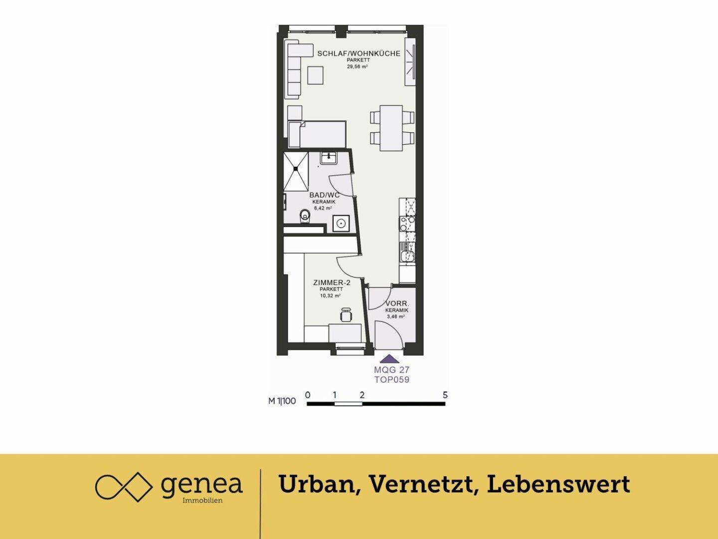 Grundriss einer Wohnung mit Schlaf-/Wohnküche, Bad und einem weiteren Zimmer.