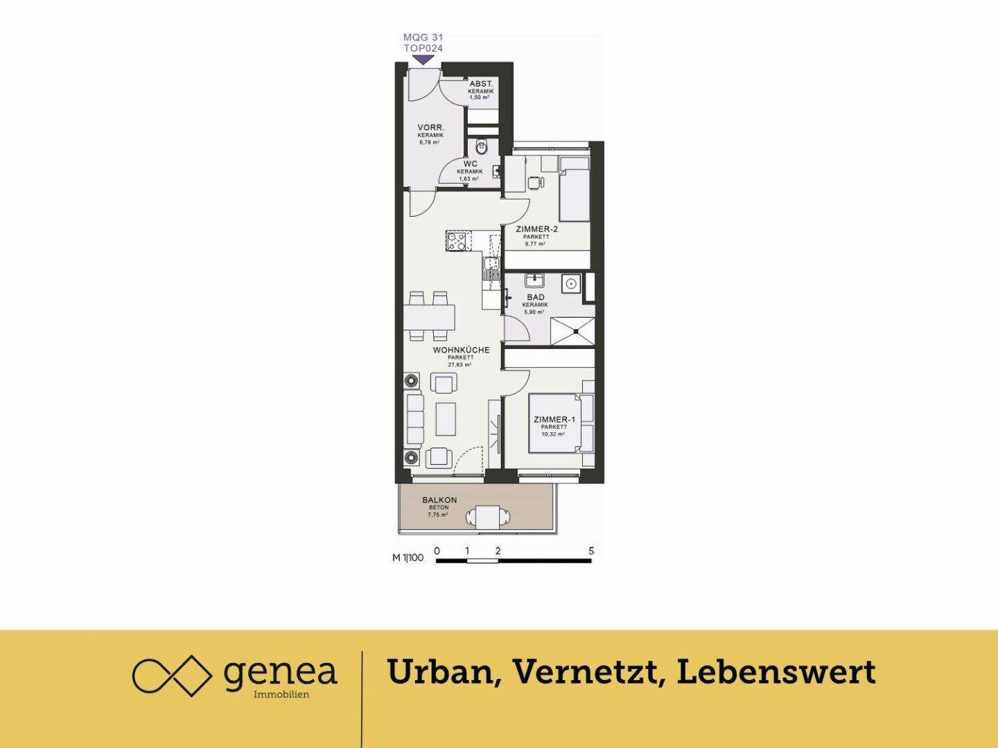 Grundriss einer modernen Wohnung mit drei Zimmern, Wohnküche, Bad und Balkon.