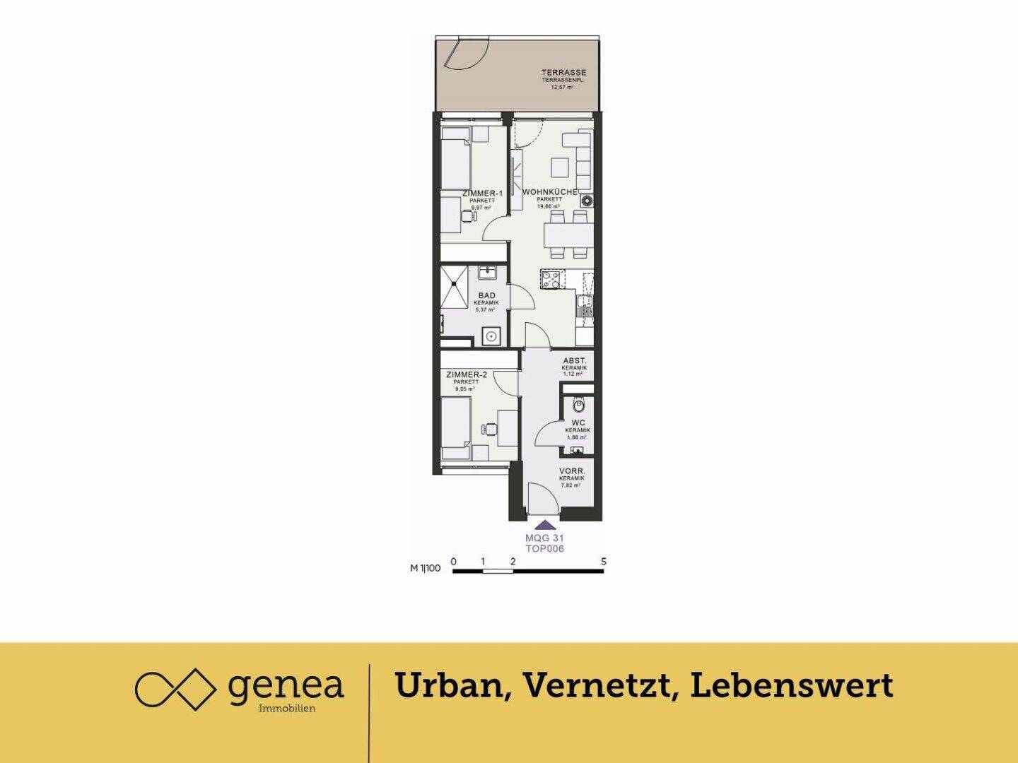 Grundriss einer Wohnung mit offener Wohnküche, zwei Zimmern und Terrasse.