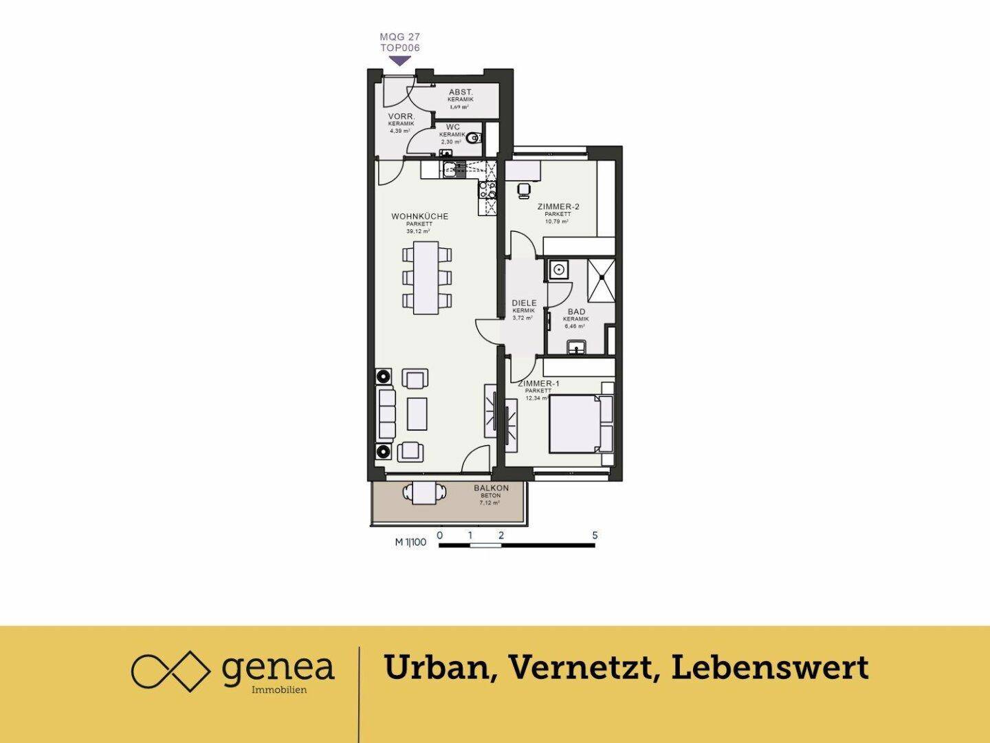 Grundriss einer Wohnung mit Wohnküche, zwei Zimmern, Bad, WC und Balkon.