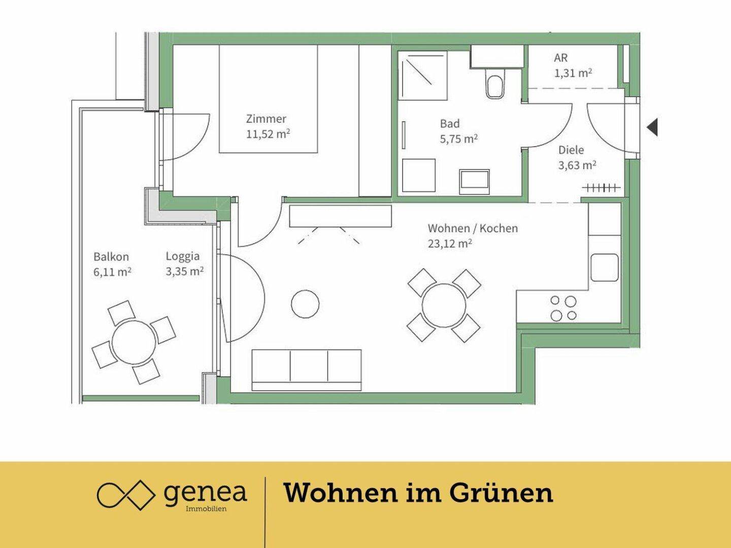 Grundriss einer Wohnung mit offenem Wohn-/Kochbereich, Schlafzimmer, Bad, Balkon und Loggia.