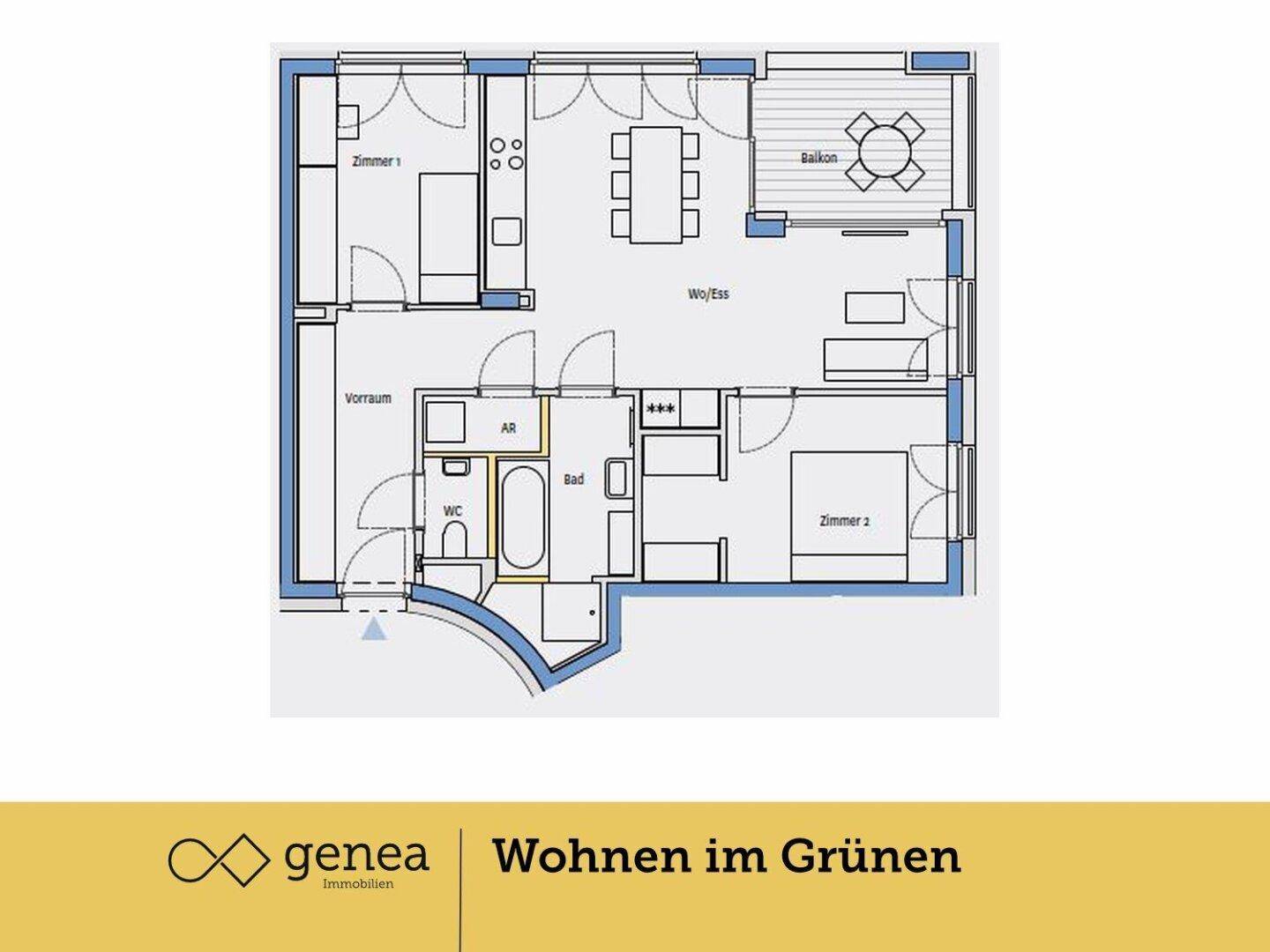 Grundriss einer Wohnung mit zwei Zimmern, offenem Wohn-/Essbereich und Balkon.
