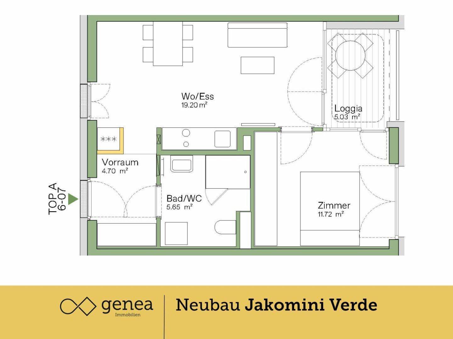 Grundriss einer Wohnung mit Wohn-/Essbereich, Loggia, Schlafzimmer und Bad/WC.