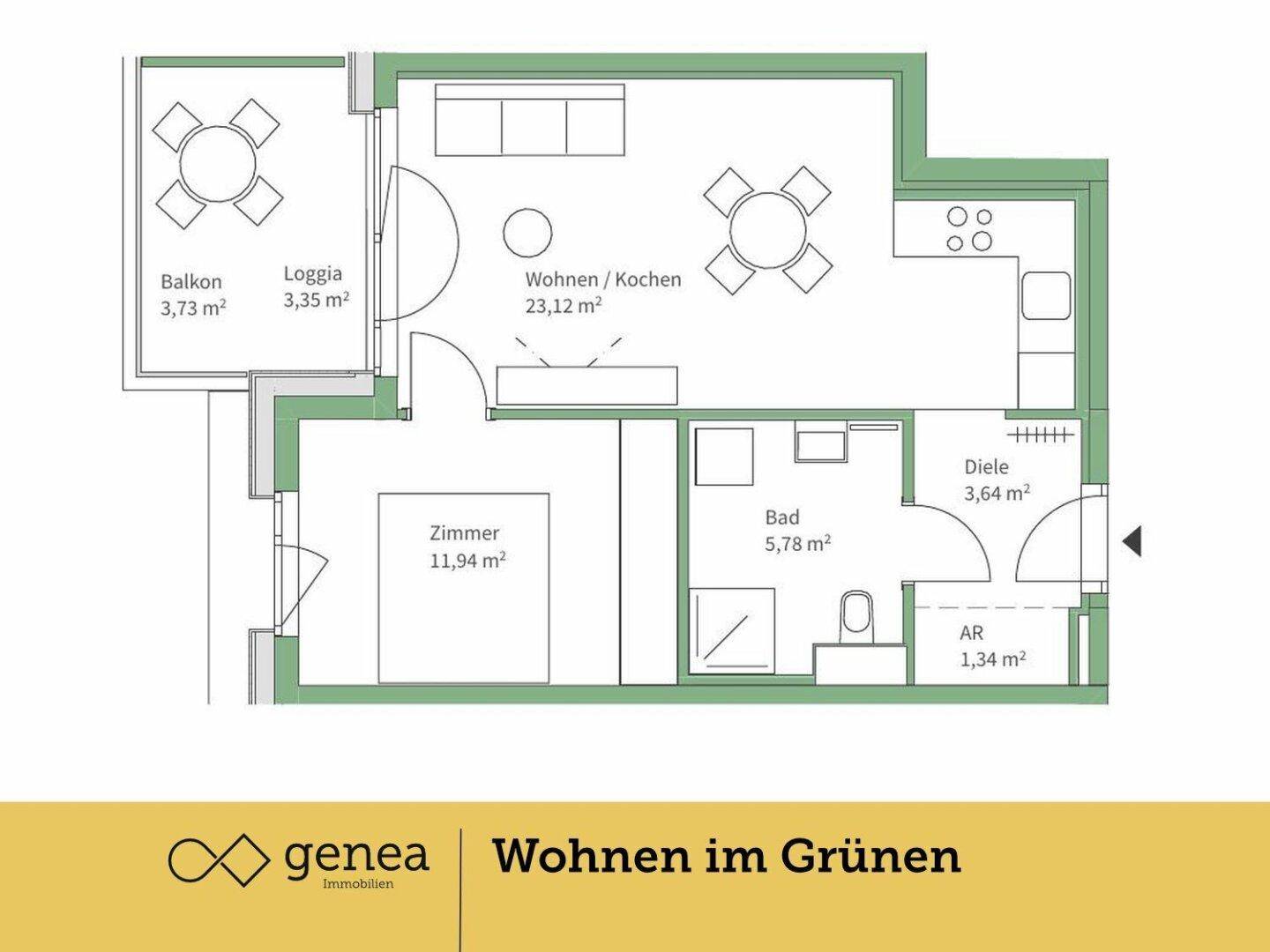 Grundriss einer Wohnung mit offenem Wohn-/Kochbereich, Schlafzimmer, Bad, Balkon und Loggia.