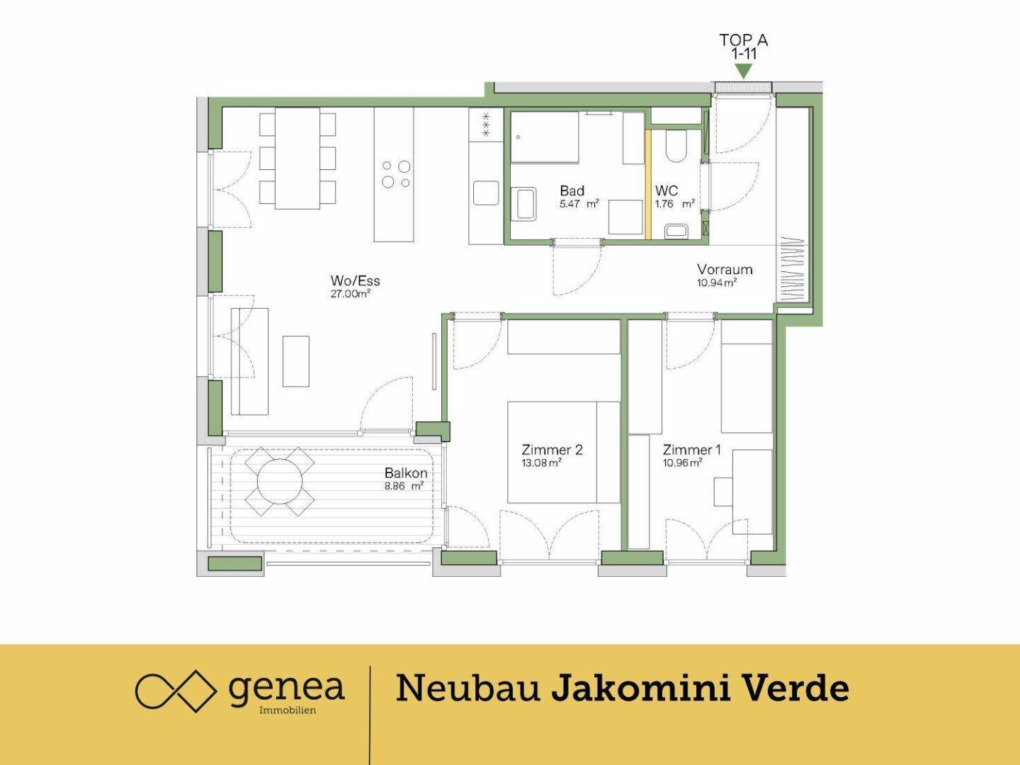 Grundriss der Wohnung mit Wohn-/Essbereich, zwei Zimmern, Bad, WC und Balkon.