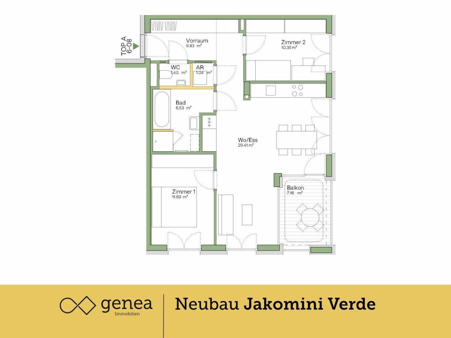 Grundriss einer modernen Wohnung mit zwei Schlafzimmern, einem Wohn-Essbereich und einem Balkon.