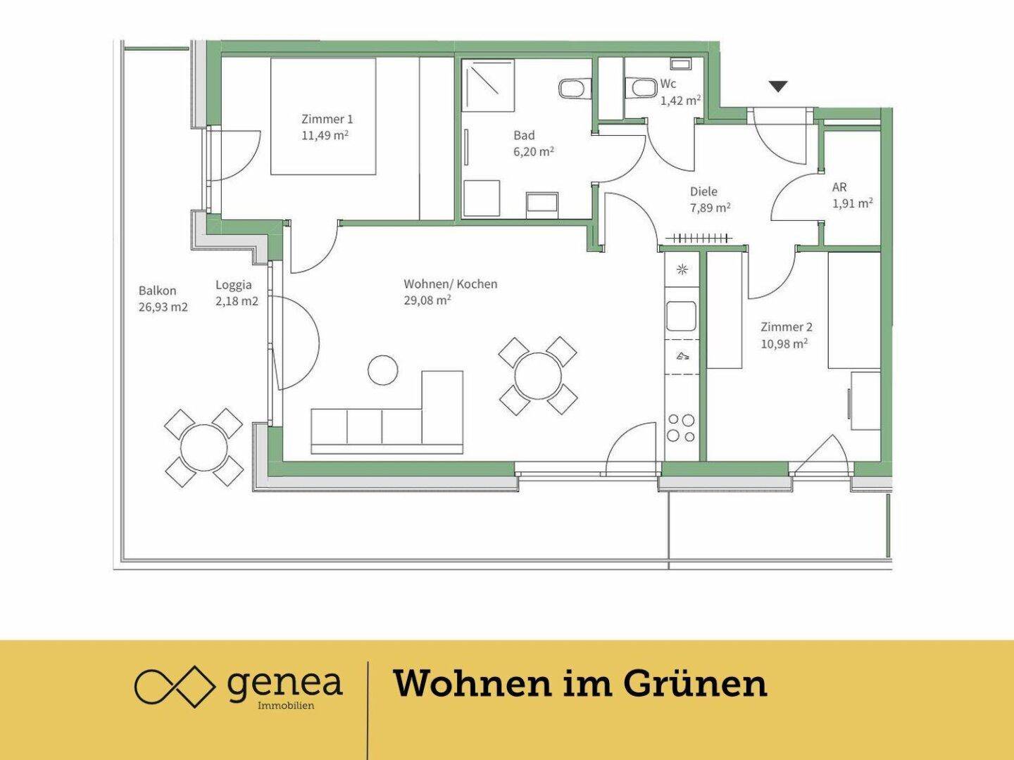 Grundriss einer Wohnung mit zwei Schlafzimmern, offenem Wohn-/Kochbereich und großem Balkon.