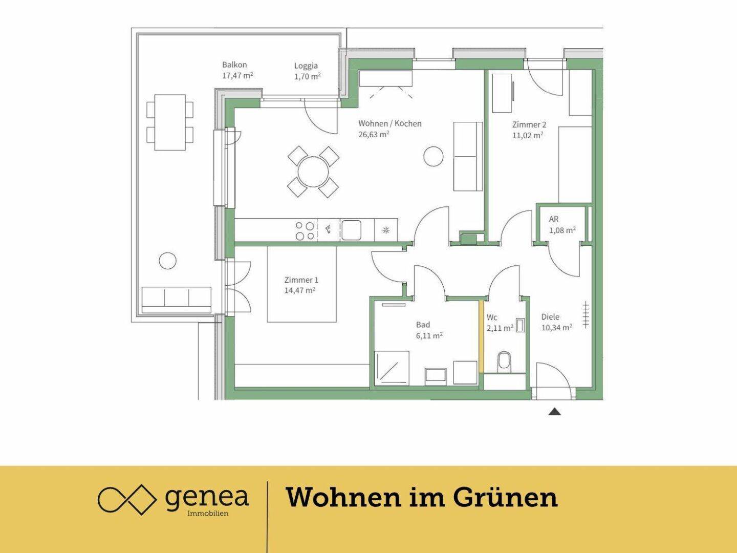 Detaillierter Grundriss einer Wohnung mit Balkon, Loggia und offenem Wohn-Kochbereich.