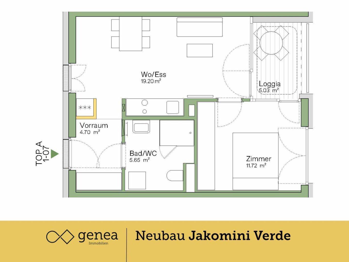 Grundriss der Wohnung Top A 1-07 mit Wohn-/Essbereich, Loggia und einem Schlafzimmer.