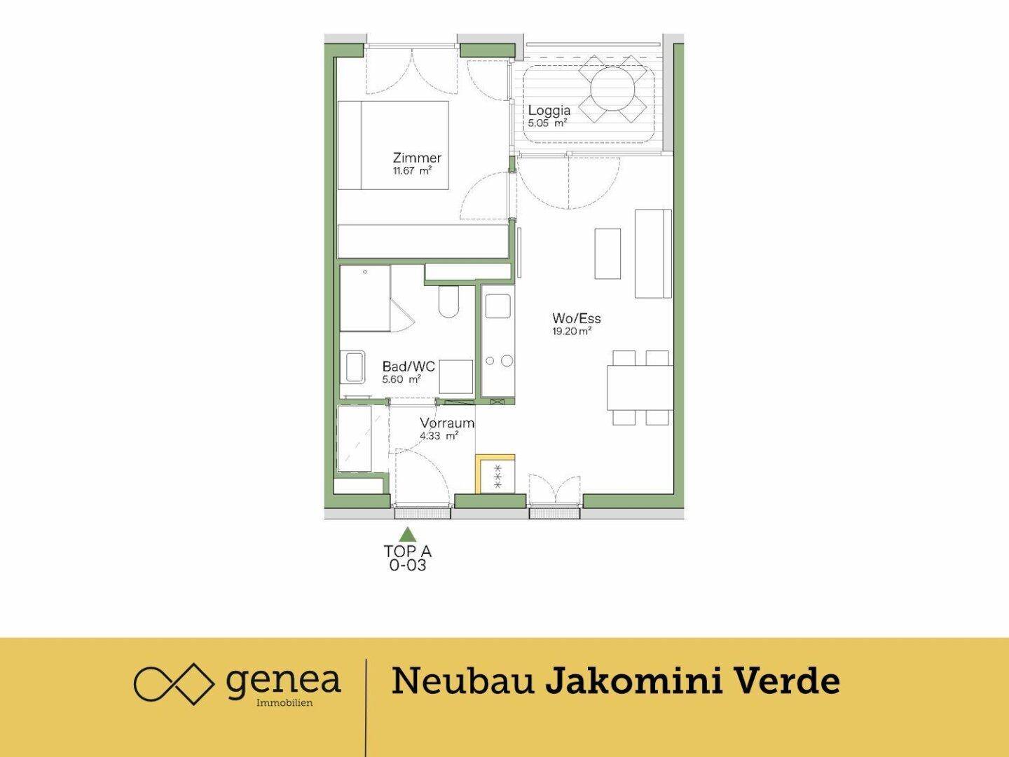Grundriss einer Wohnung mit Loggia, Schlafzimmer, Wohn-Essbereich und Bad/WC.