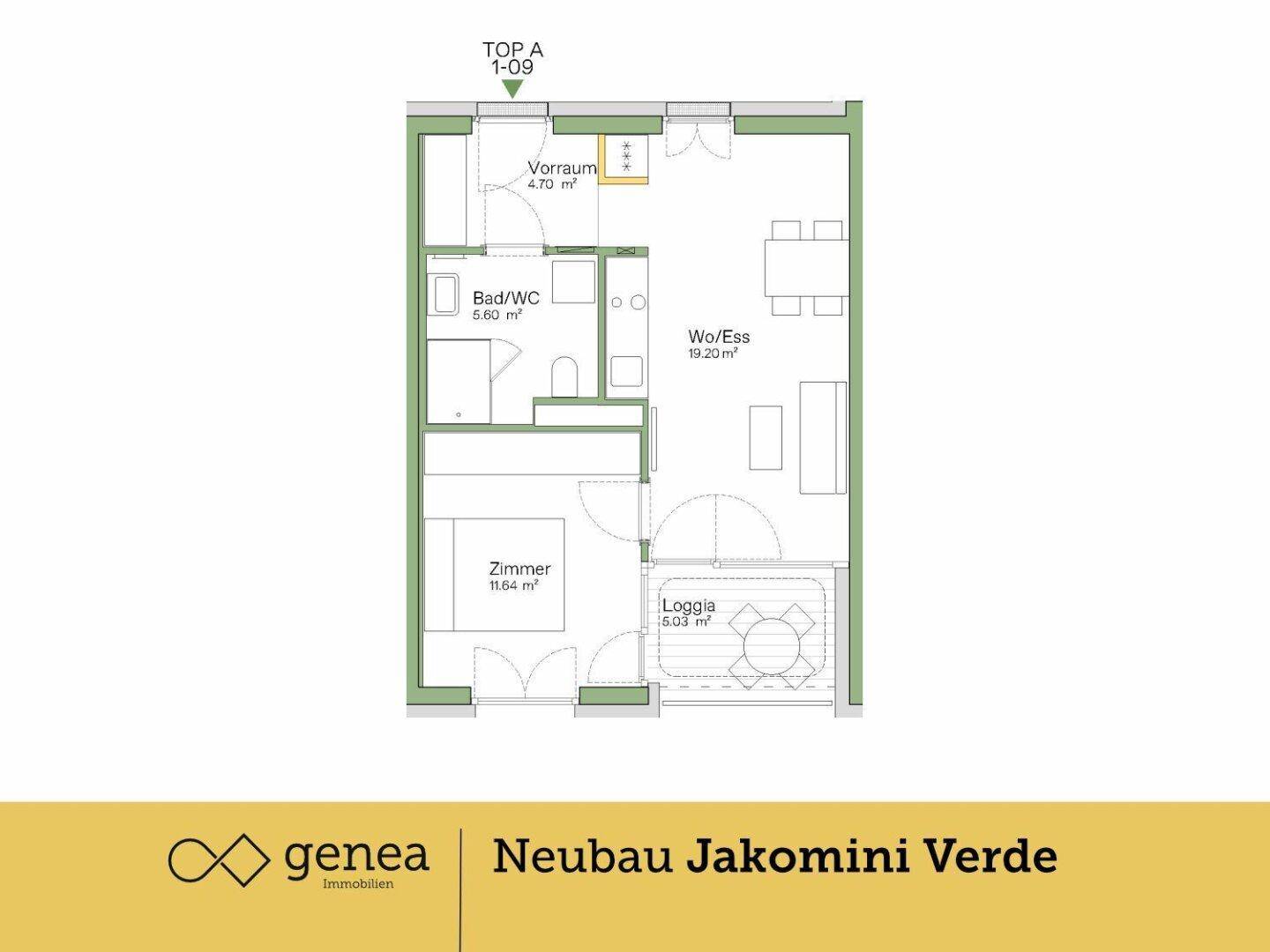Grundriss einer Wohnung mit einem Zimmer, Bad/WC, Wohn-/Essbereich und Loggia.
