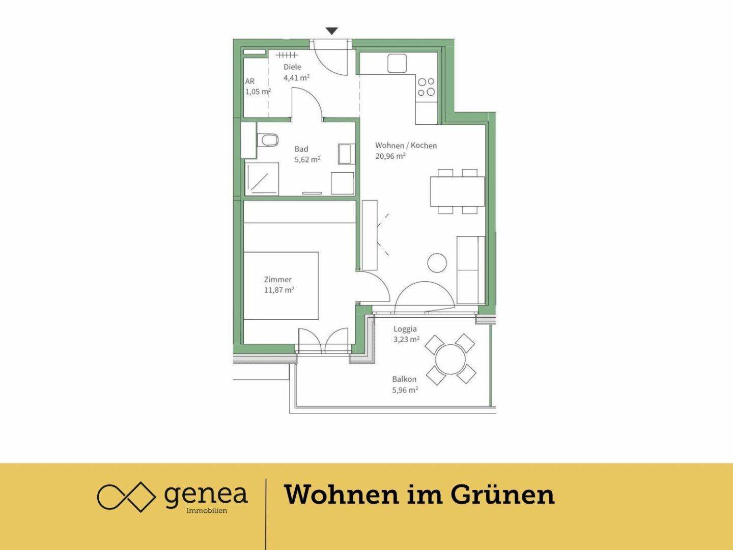 Detaillierter Grundriss einer Wohnung mit Loggia, Balkon und offenem Wohnbereich.