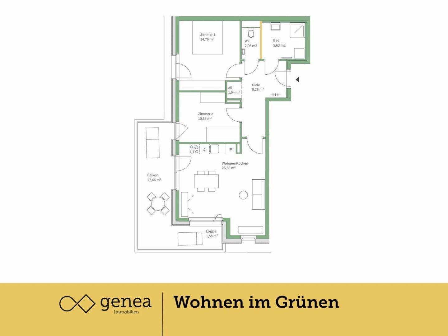 Grundriss einer Wohnung zeigt Balkon, Loggia und zwei Schlafzimmer.