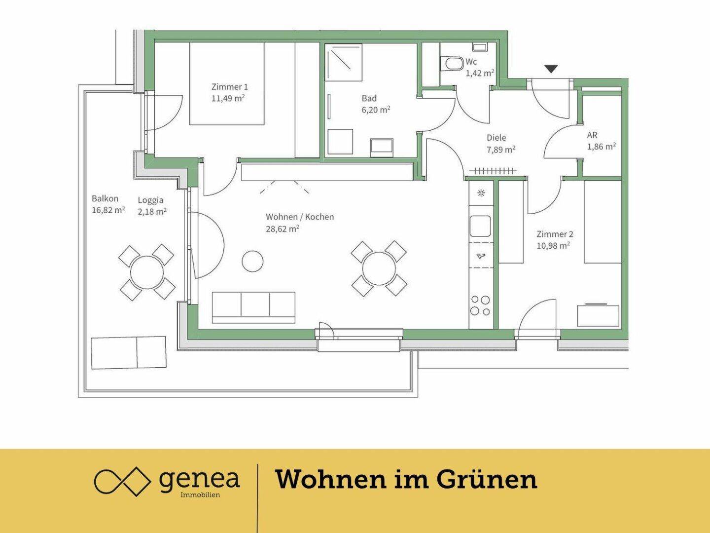 Detaillierter Grundriss einer Wohnung mit zwei Zimmern, Bad, WC, Balkon und Loggia.