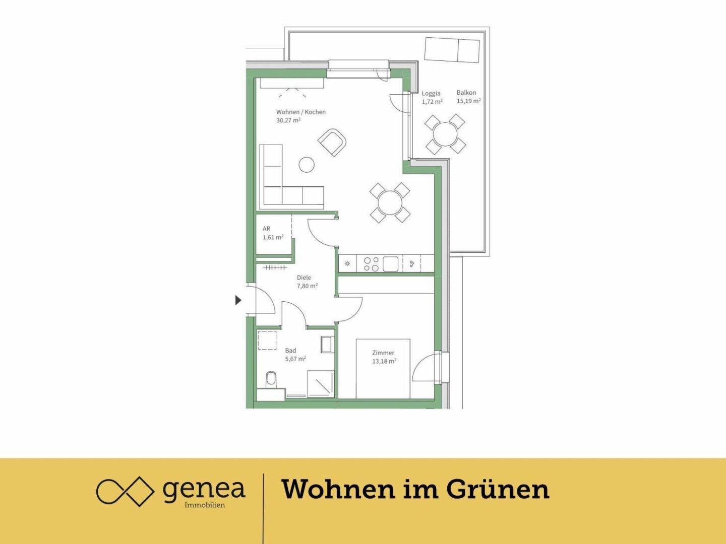 Grundriss einer Wohnung mit offenem Wohn-/Kochbereich, Bad, Zimmer, Diele, Loggia und Balkon.