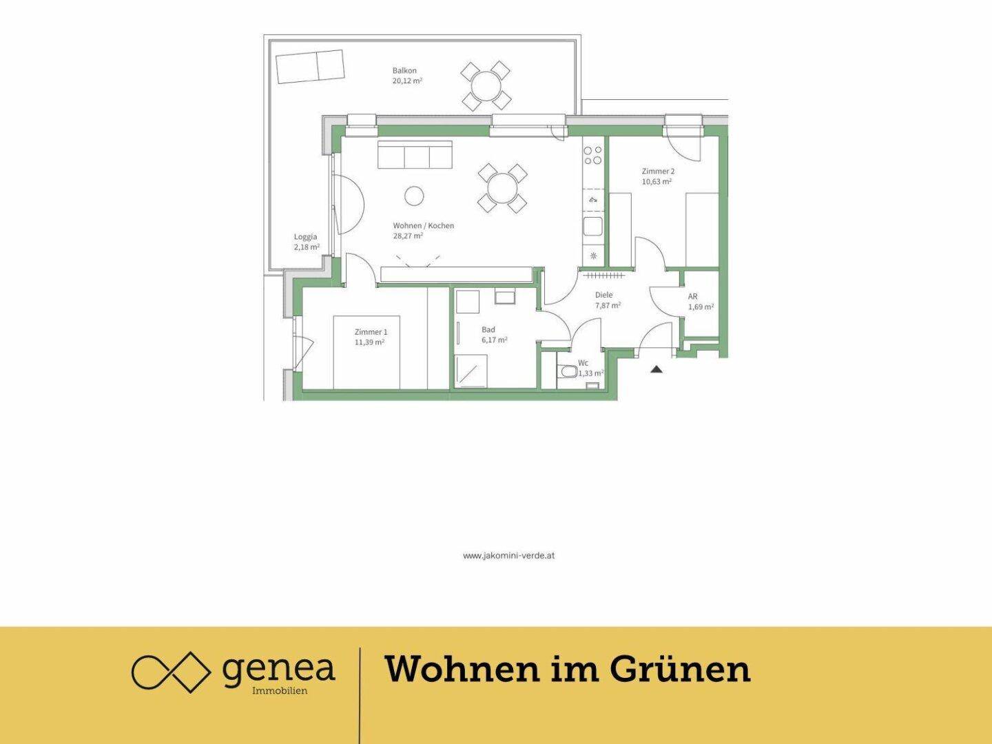 Grundriss einer Wohnung mit Wohn-/Kochbereich, drei Zimmern, Bad, WC und Balkon.