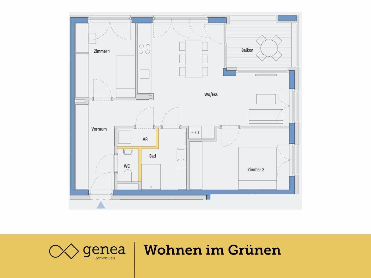Grundriss einer Wohnung mit zwei Zimmern, offenem Wohn-/Essbereich und Balkon.