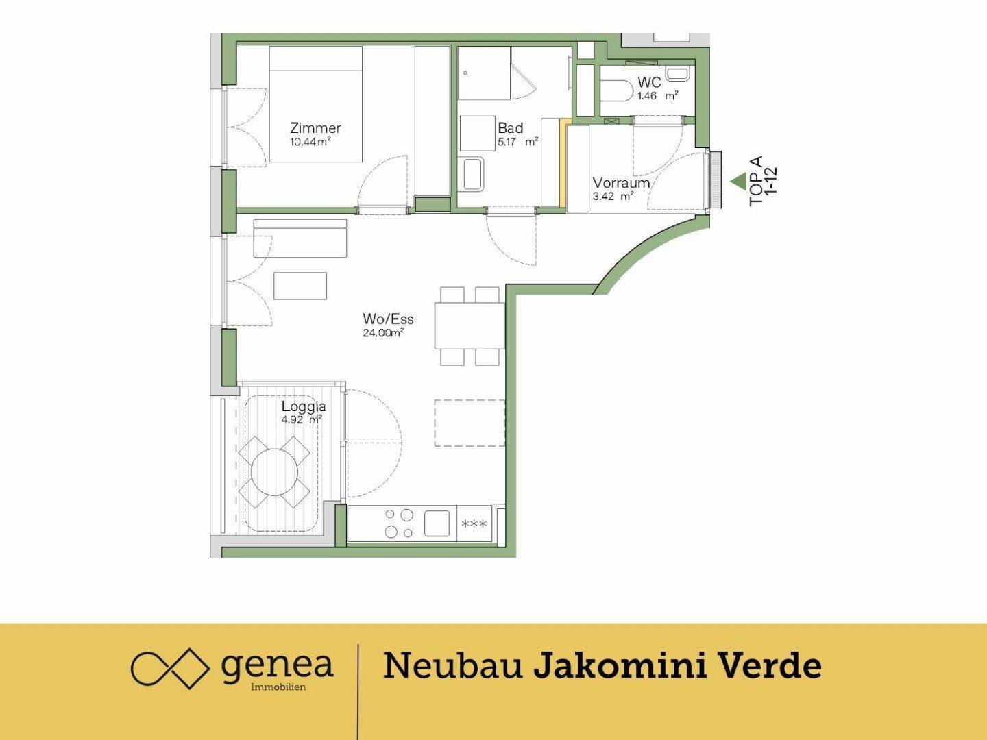Grundriss einer Wohnung mit Schlafzimmer, Bad, separatem WC und Wohn-/Essbereich mit Loggia.