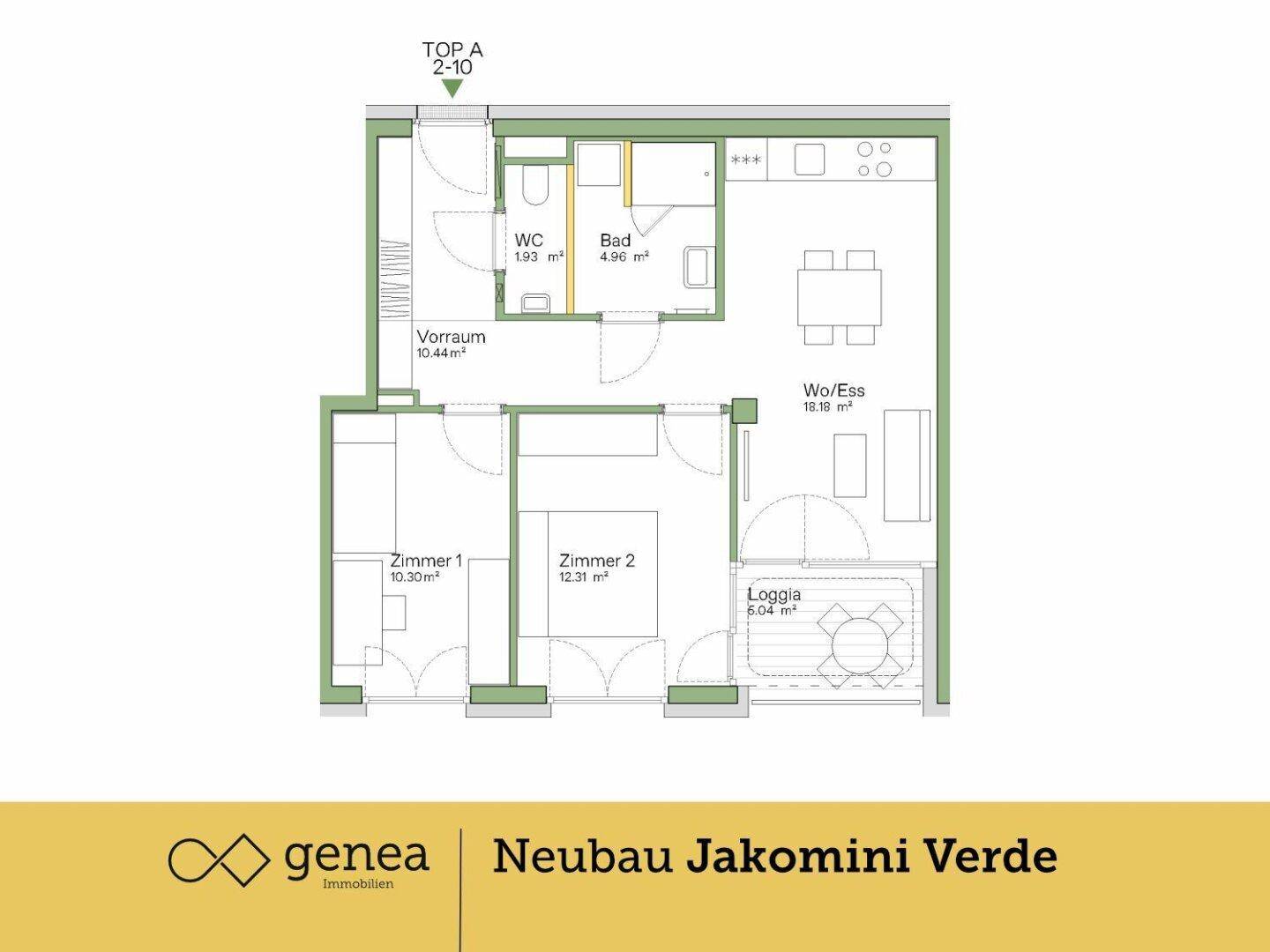 Grundriss einer Wohnung mit zwei Zimmern, Wohn-/Essbereich, Bad, WC und Loggia.