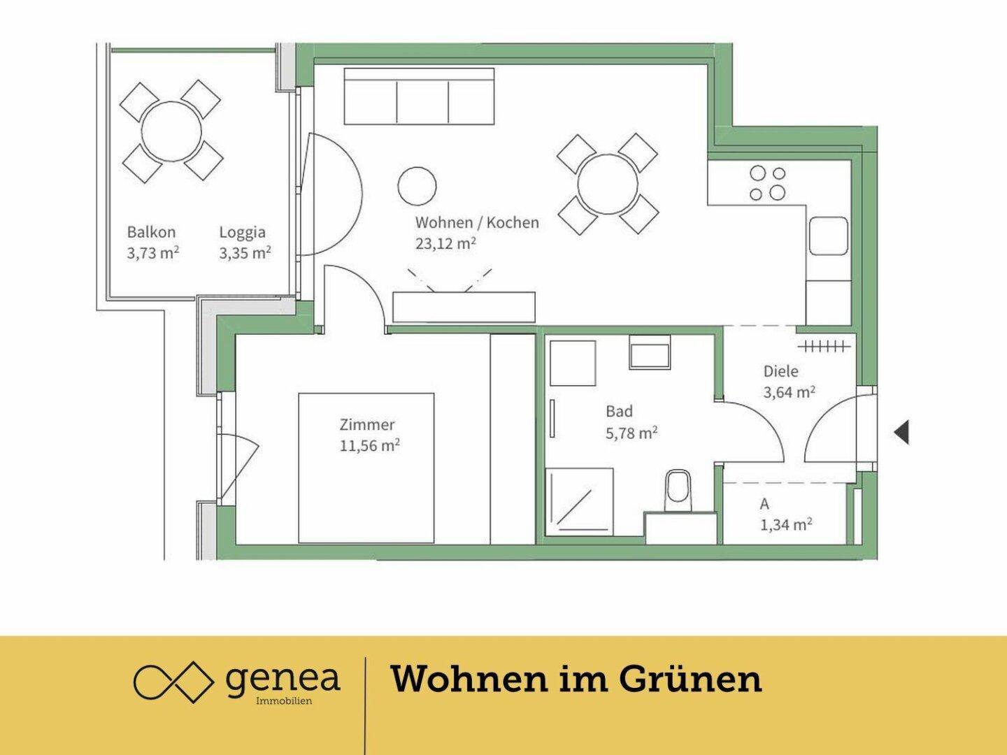 Detaillierter Grundriss einer Wohnung mit Balkon, Loggia, Wohnküche und einem Schlafzimmer.