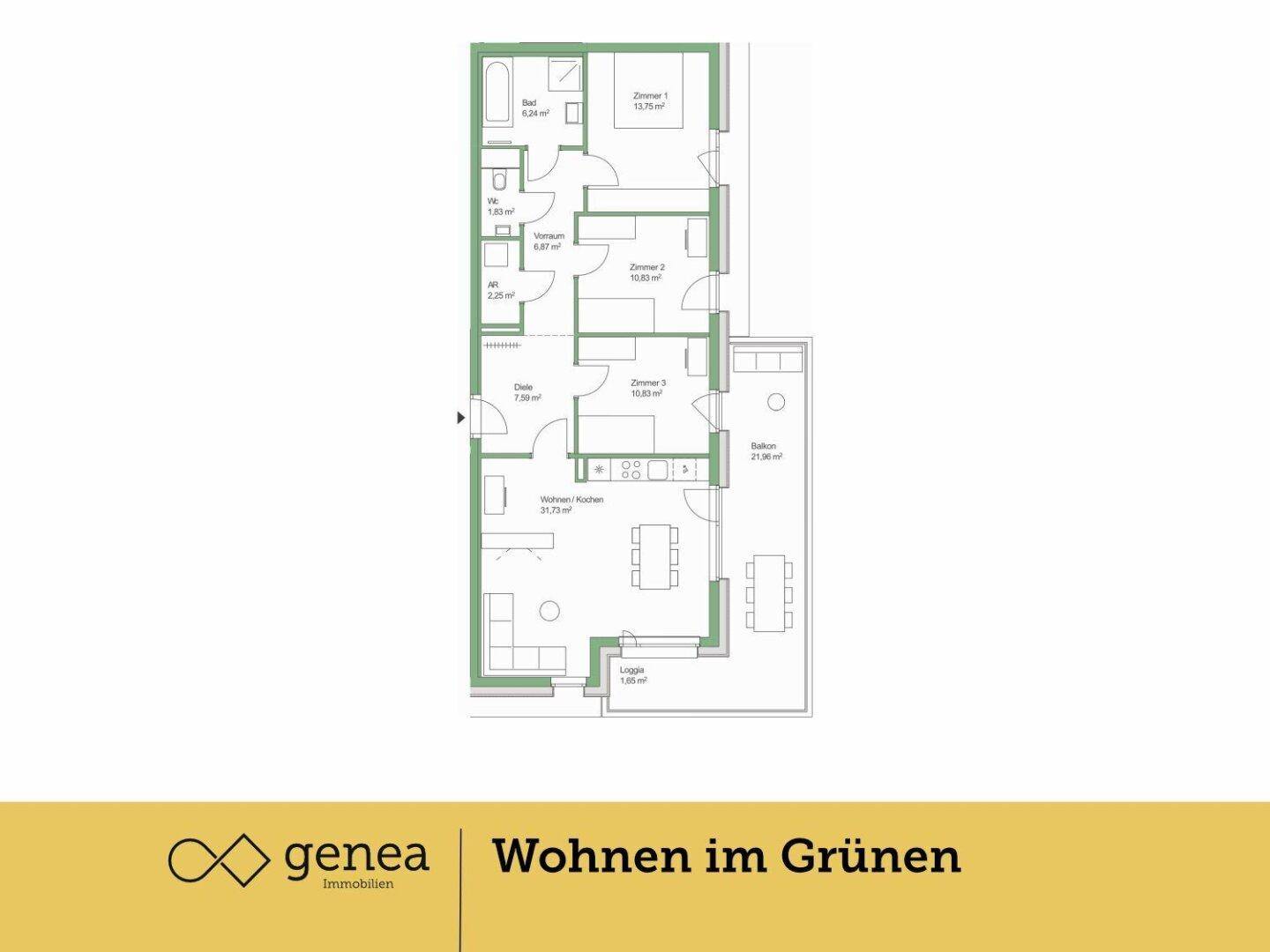 Detaillierter Grundriss einer Wohnung mit drei Zimmern, Balkon und Loggia.