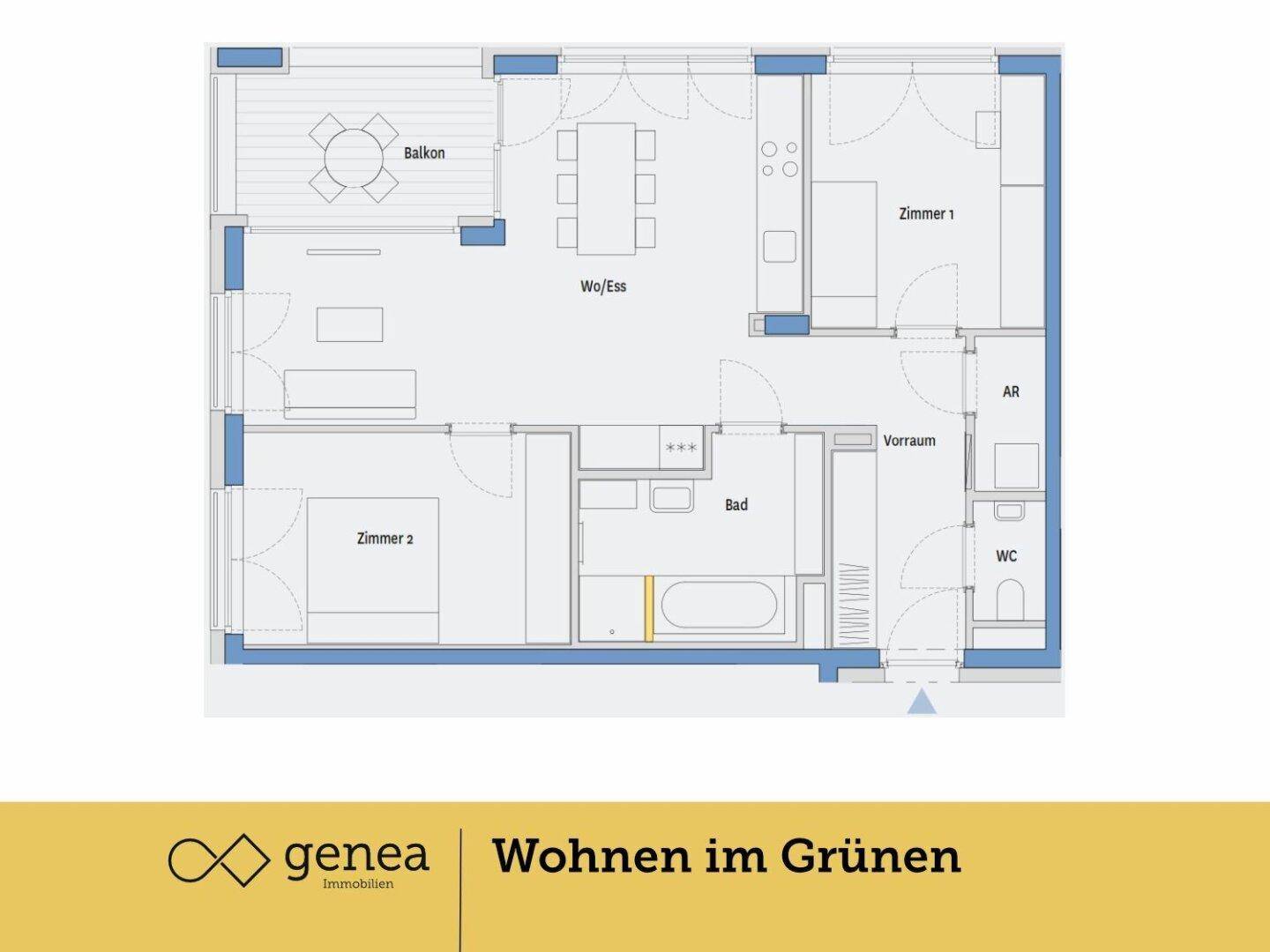 Grundriss einer Wohnung mit zwei Zimmern, offenem Wohn-Essbereich, Bad, WC und Balkon.