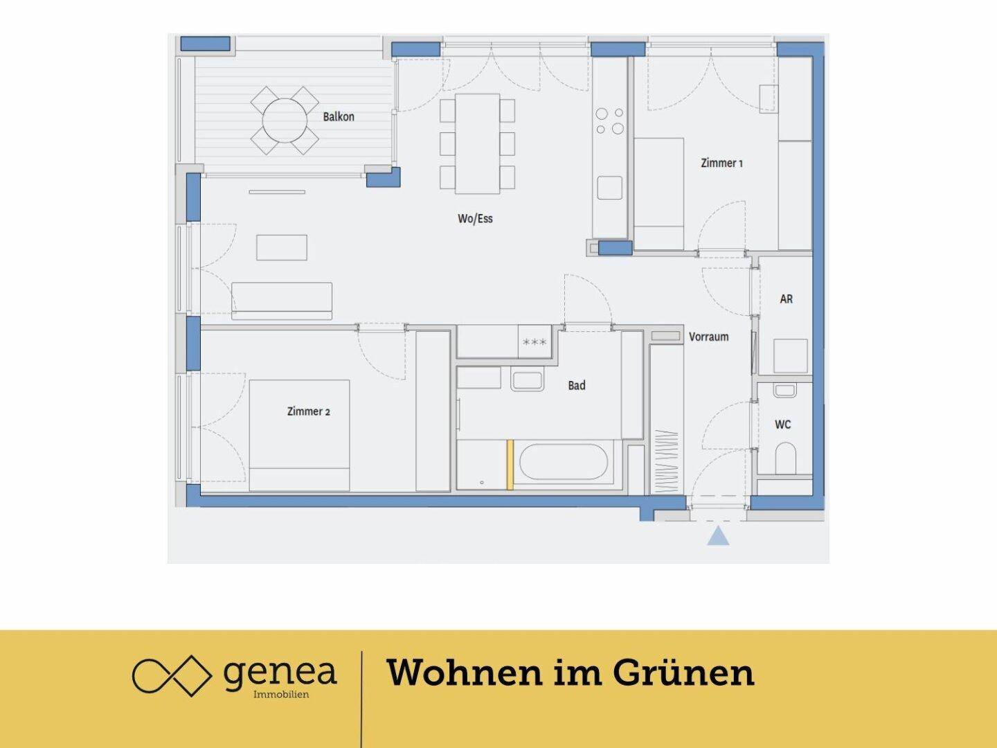 Grundriss einer Wohnung mit zwei Zimmern, offenem Wohnbereich, Bad und Balkon.