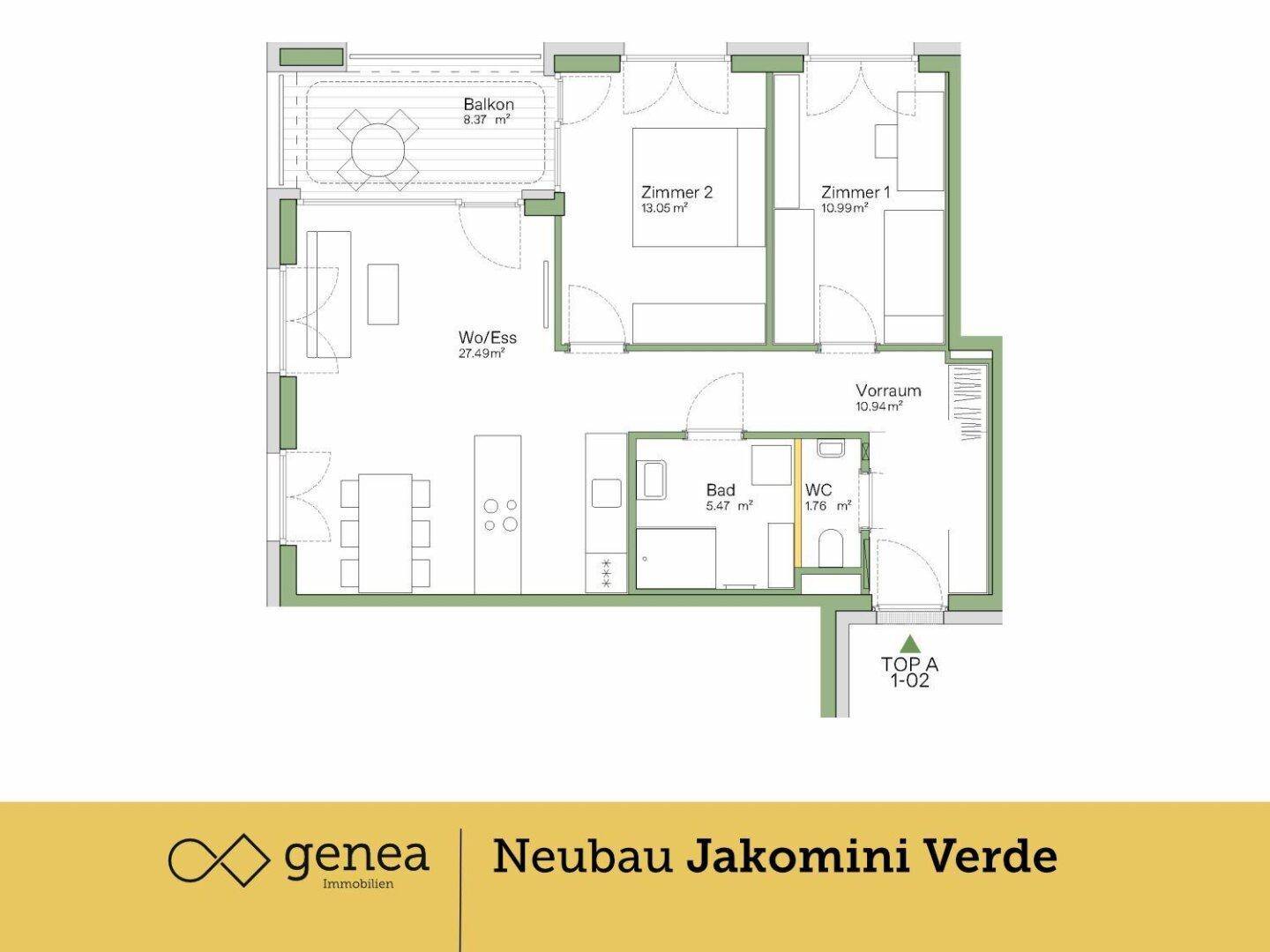 Grundriss einer modernen Wohnung mit offenem Wohnbereich, zwei Zimmern, Bad und separatem WC.