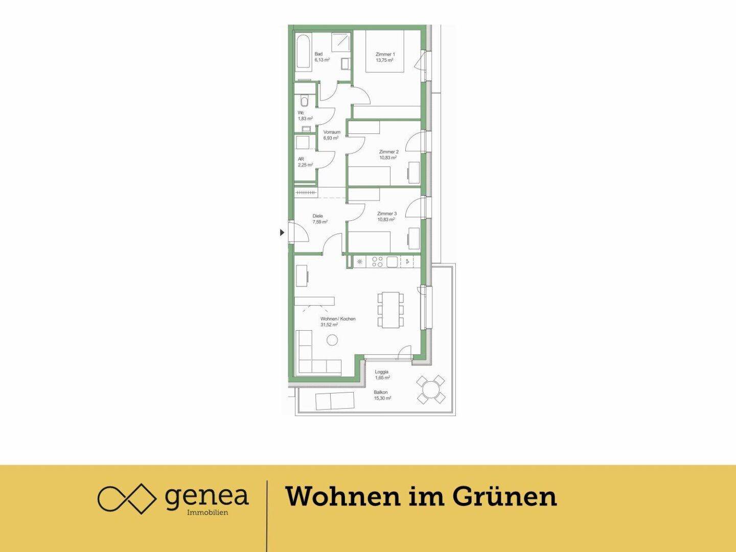 Grundriss einer Wohnung mit drei Zimmern, Loggia und offenem Wohn-/Kochbereich.