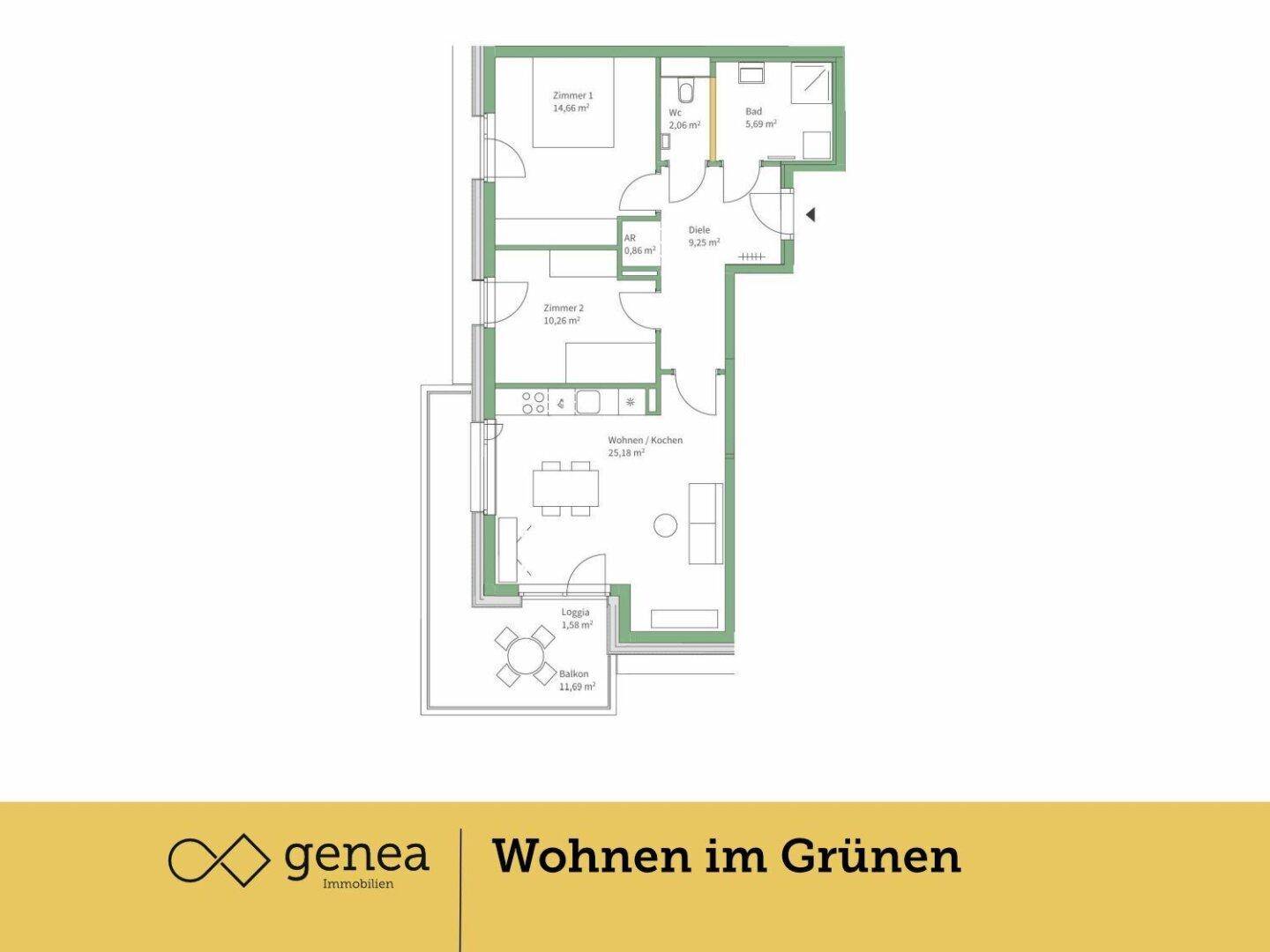 Grundriss einer Wohnung mit zwei Zimmern, Loggia und Balkon, zeigt die Raumaufteilung.