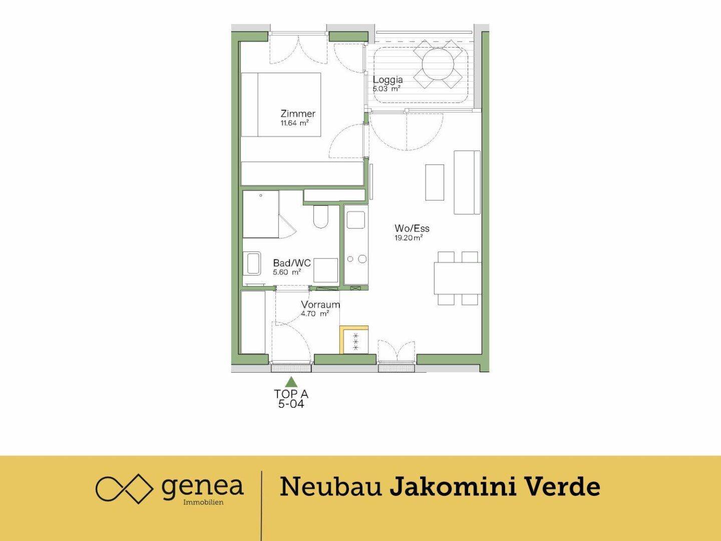 Grundriss einer Wohnung mit einem Zimmer, Bad, Wohn-/Essbereich und Loggia.