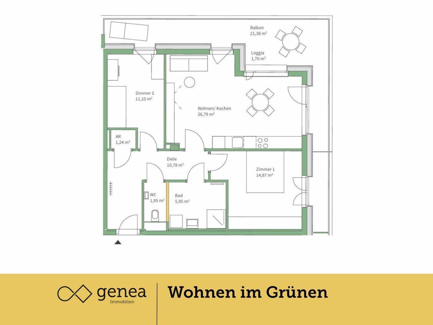 Grundriss einer Wohnung mit zwei Zimmern, Wohn-/Kochbereich, Bad, WC, Diele, Balkon und Loggia.